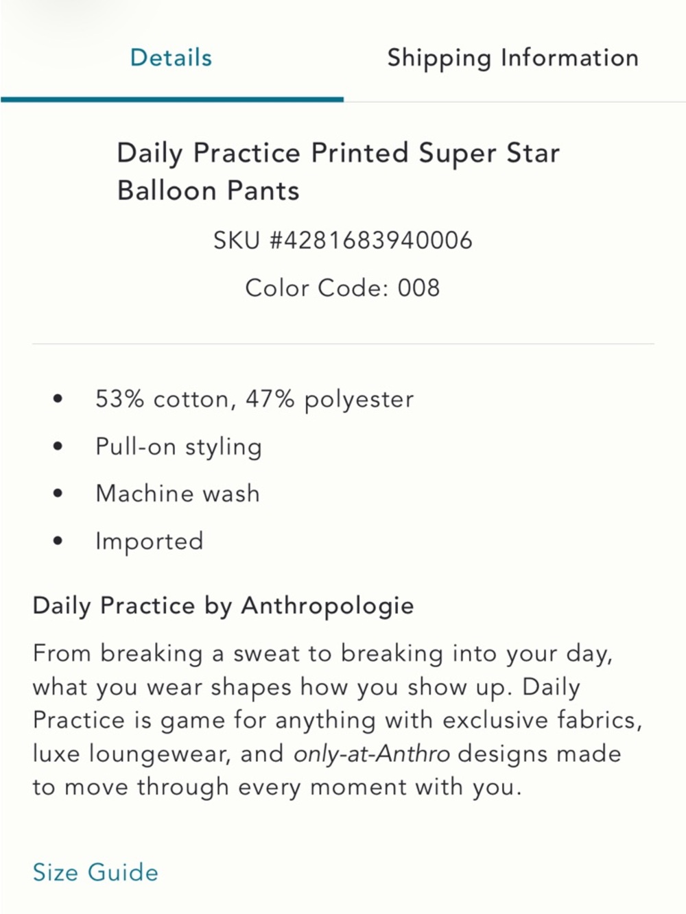 Anthropologie NWT Daily Practice Super Star Gray Printed Balloon Joggers - Picture 4 of 4